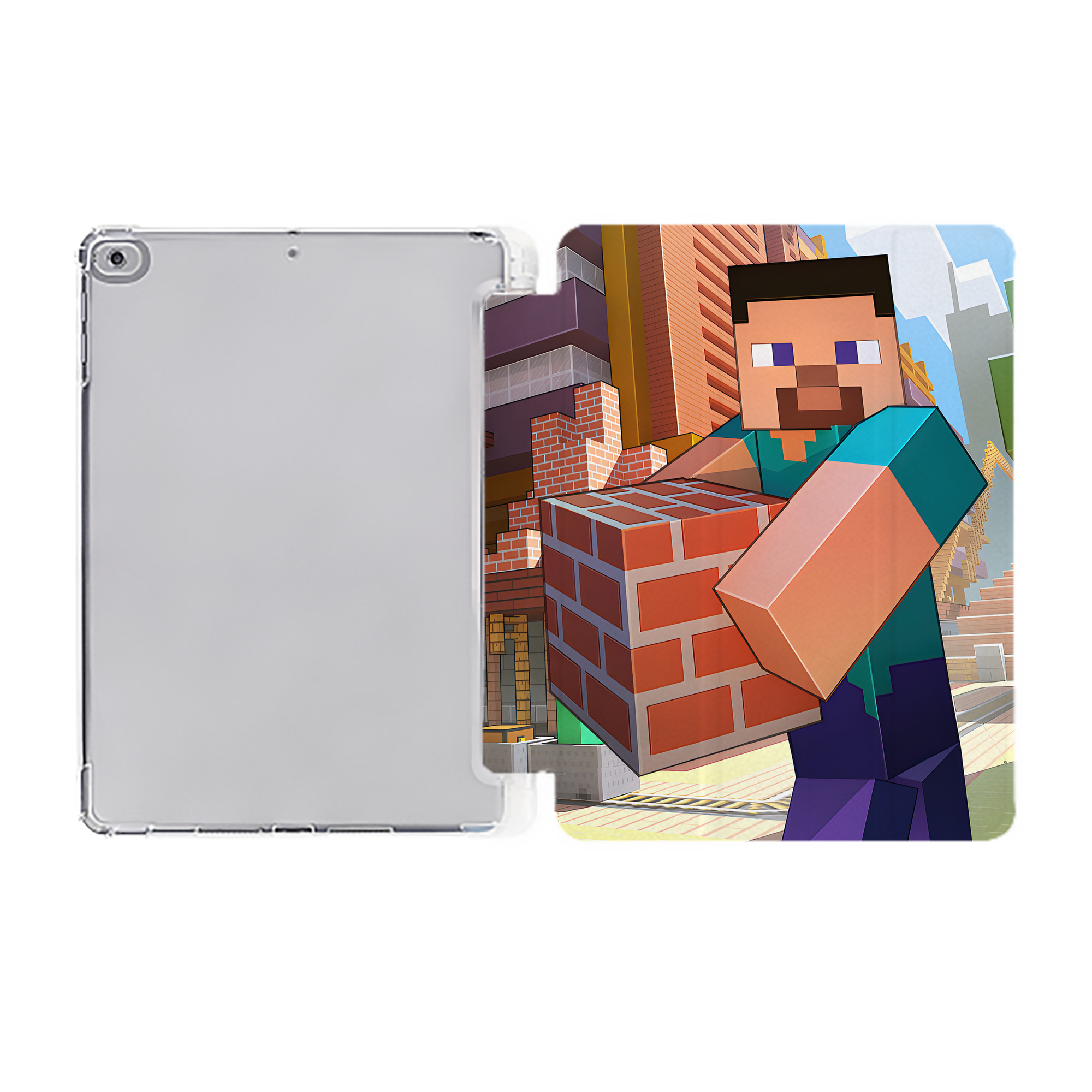 （画像用） マインクラフト ブロックの世界 Minecraft MC Block world IPad ケース ペン収納付き 三つ折りスタンド PUレザー×シリコン 対応機種9.5/10.5/10.9インチ